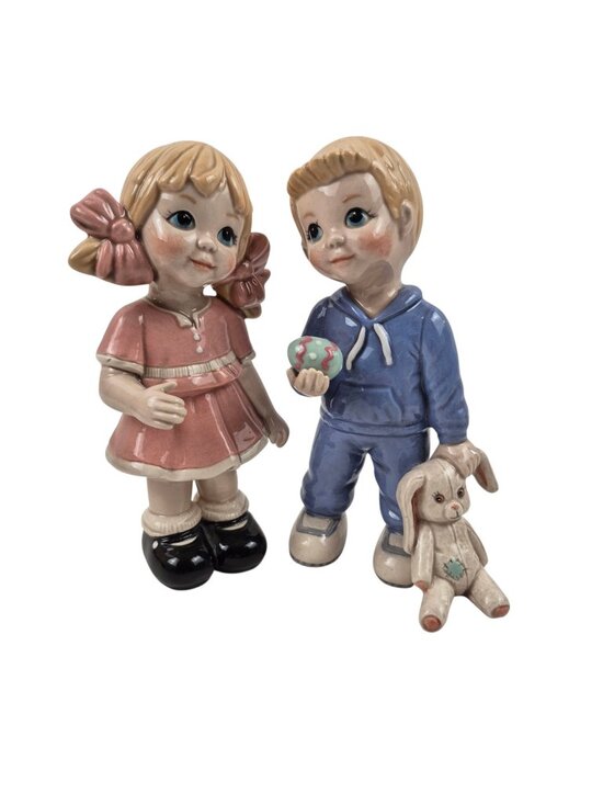 Other - Vintage Ceramic Figurines Boy Girl Bunny Toy Easter Spring Decor Glossy Finish